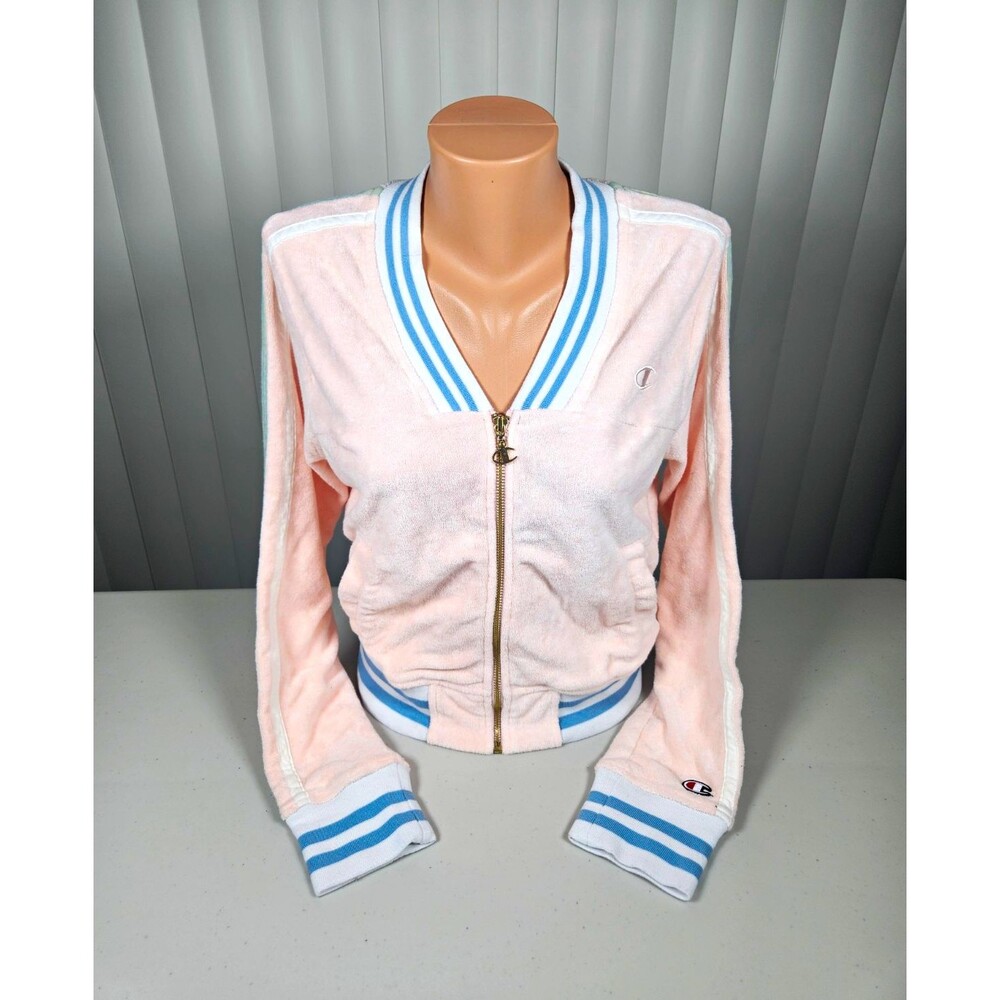 Champion Womens Terry Cloth Varsity Track Jacket Pastel Pink Blue Striped Size L